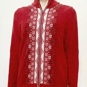 Eddie Bauer Red White Fair Isle Nordic Print Zip Up Cardigan Knit Ski Sweater